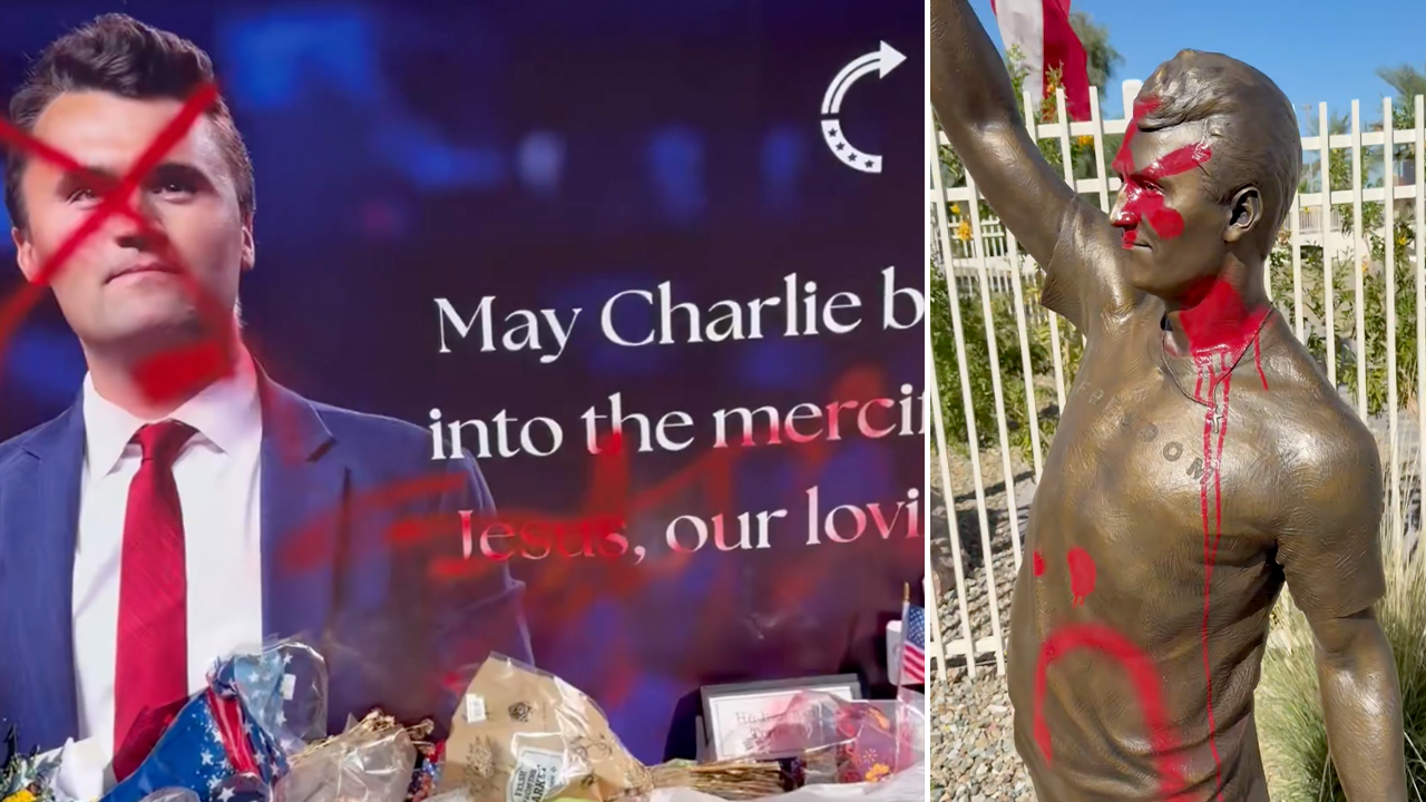 Estátua de Charlie Kirk é vandalizada com tinta vermelha e cruzada com "Jesus" dias após o primeiro aniversário de assassinato