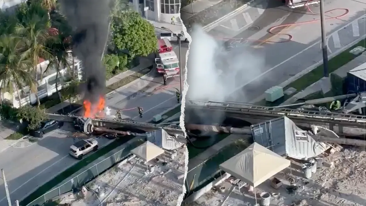 Guindaste de construção desaba sobre três carros em Miami e prende trabalhadores após incêndio